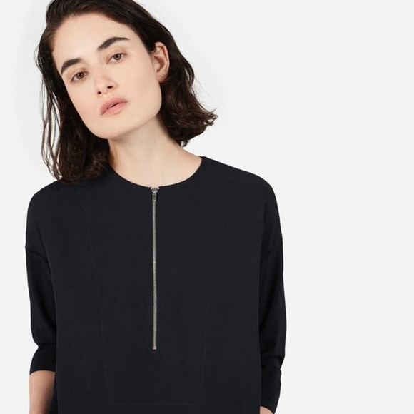 Everlane Japanese GoWeave Front-Zip 3/4 Sleeve Mini Dress in Black - Picture 2 of 13
